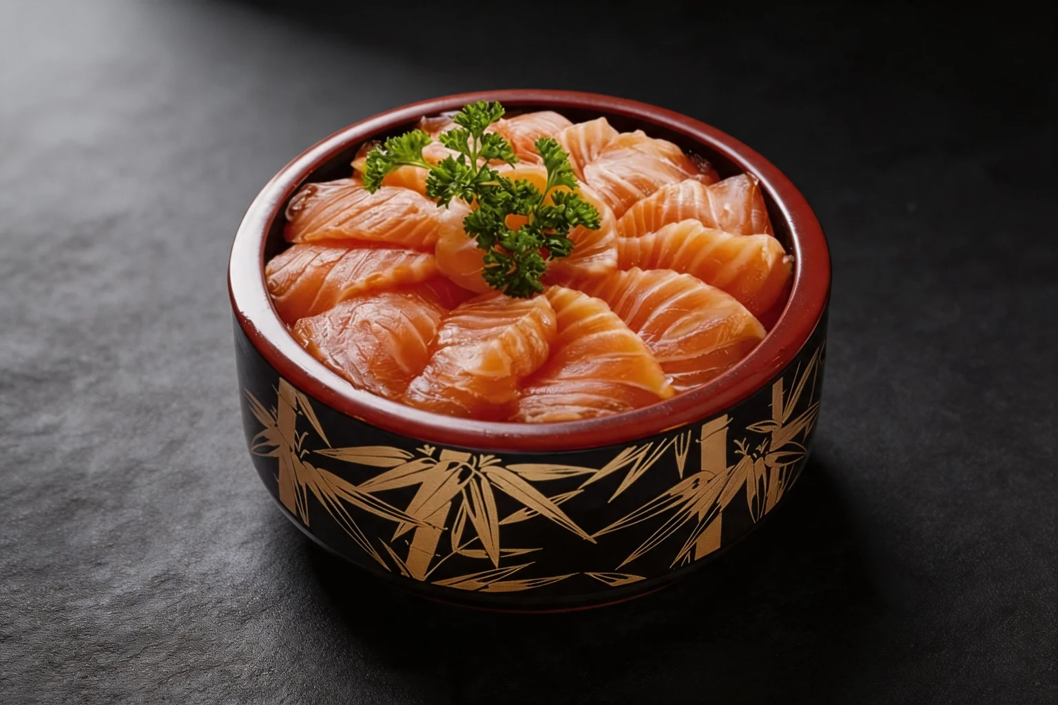 C1. Chirachi saumon in a red and black lacquered bowl, dark background.