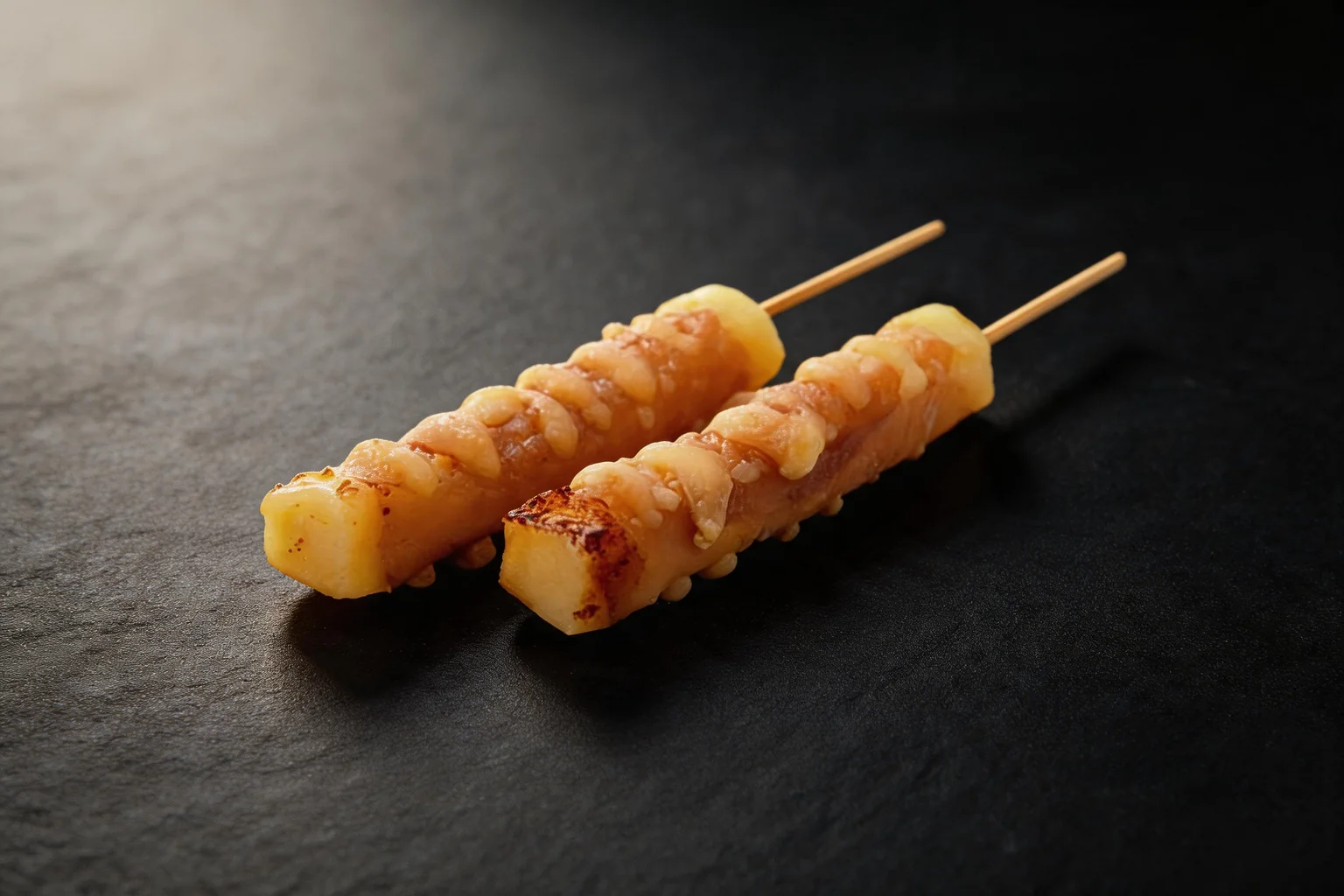 708. Boeuf au fromage: skewers on a dark background.