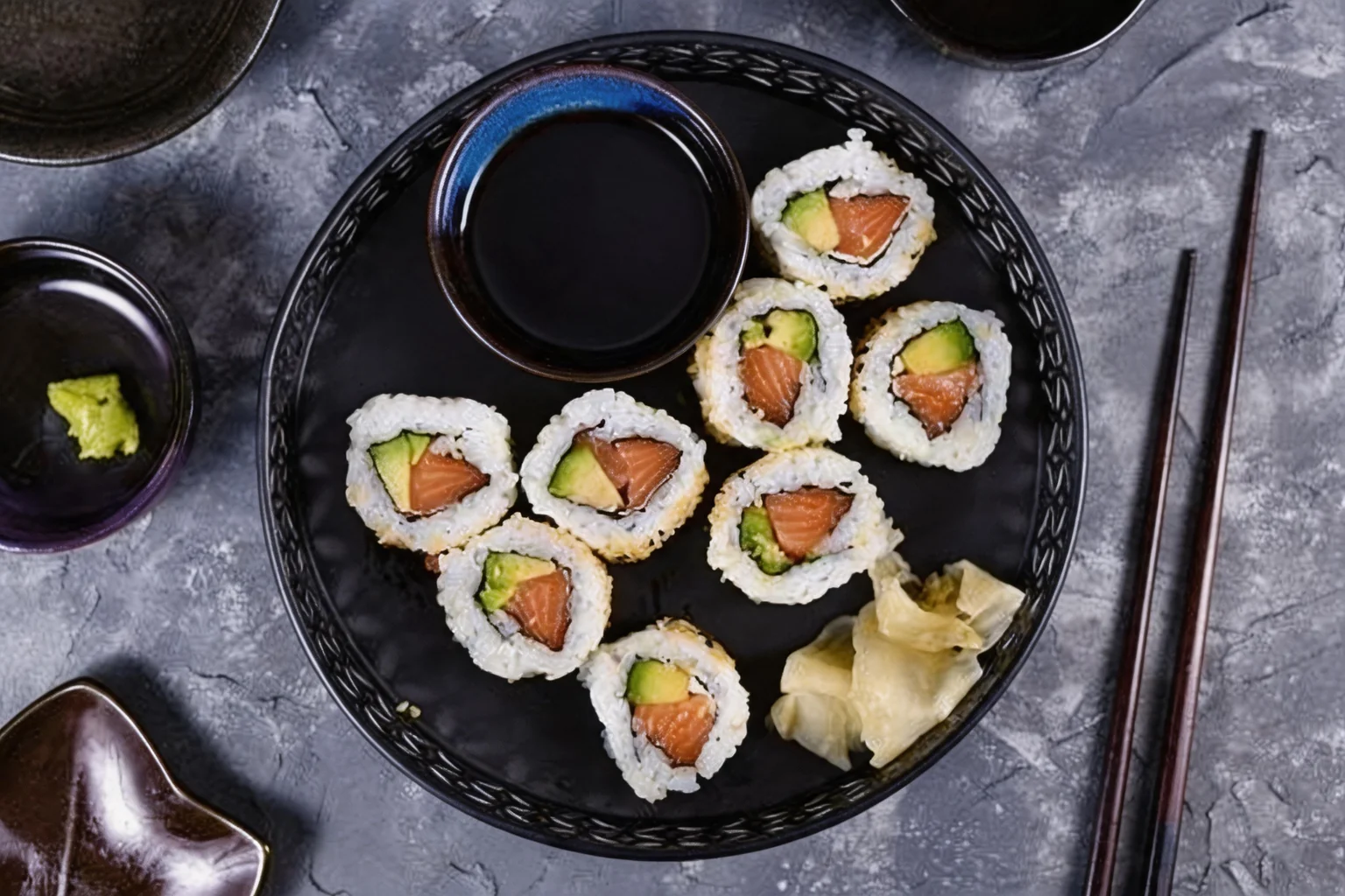 California maki on a round black plate, soy sauce and ginger, grey stone background.
