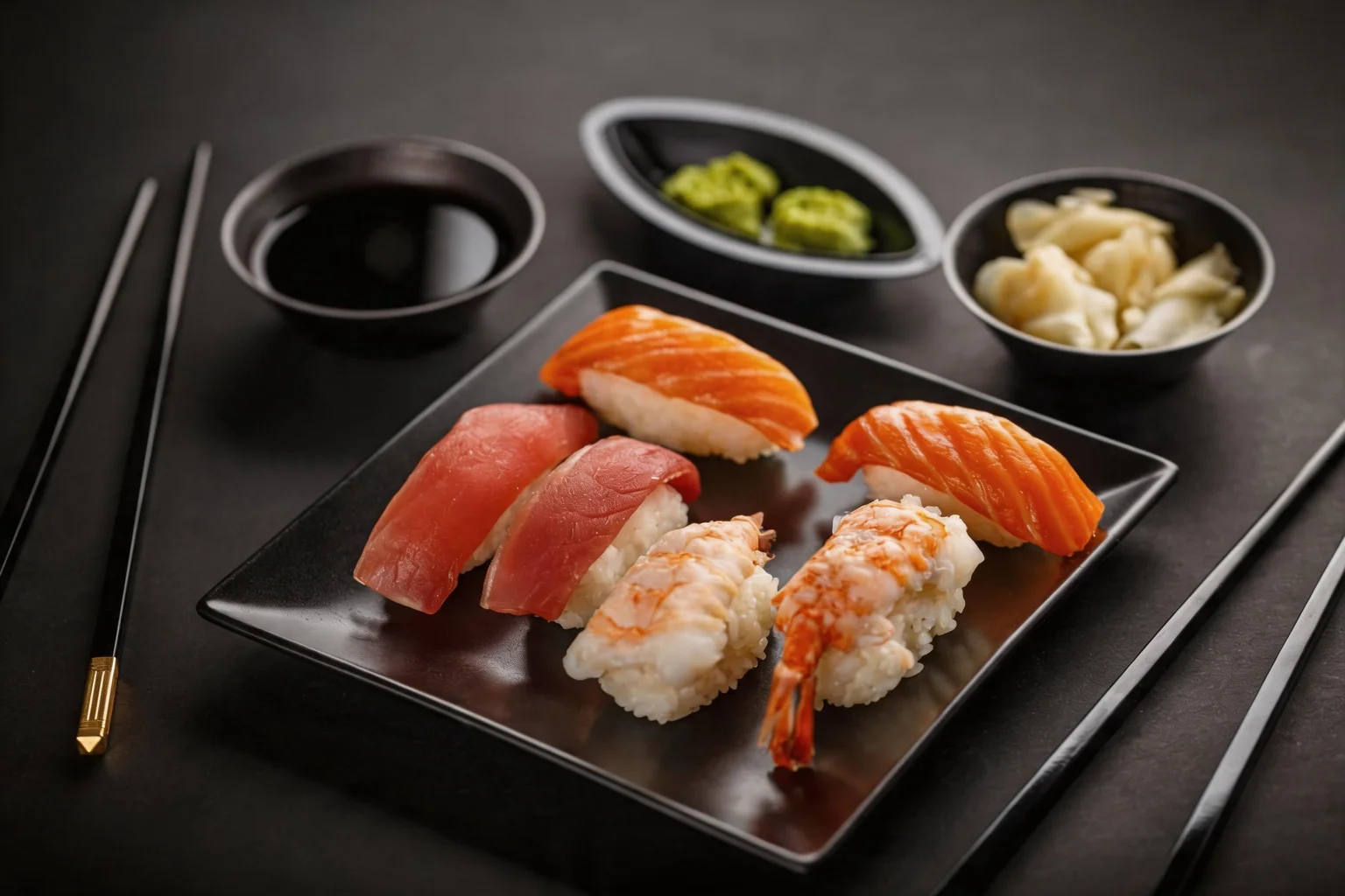 Sushi on a square black plate, soy sauce, wasabi and ginger.