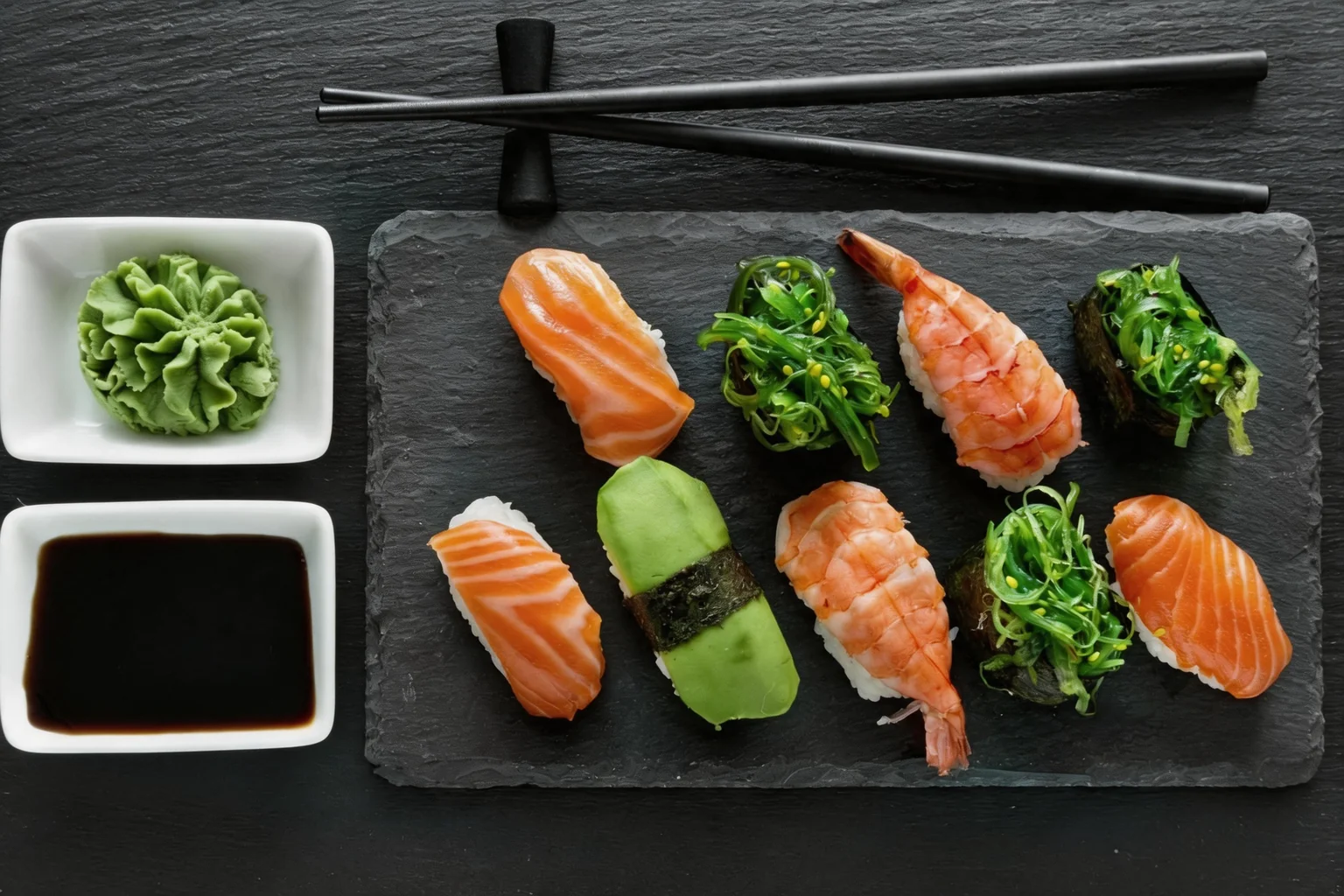 Sushi on a slate, wasabi and soy sauce.