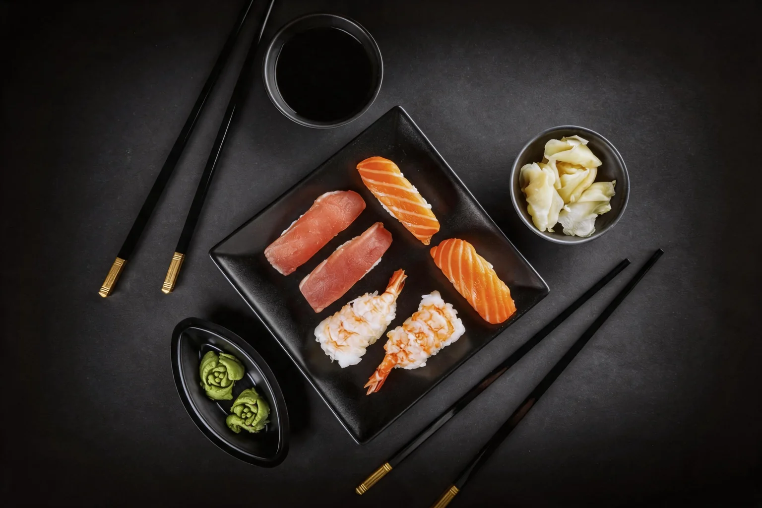 Sushi (tuna, salmon, prawn) on a square black plate, chopsticks and soy sauce.