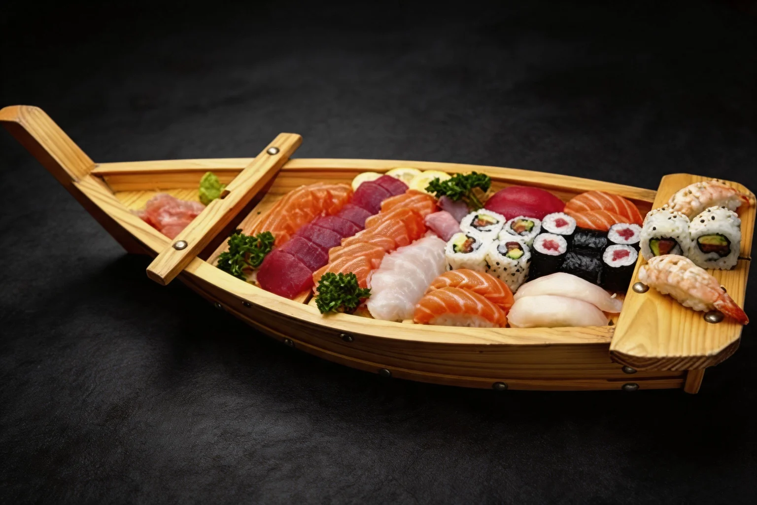 M45. Menu Royal in a wooden boat, dark background.