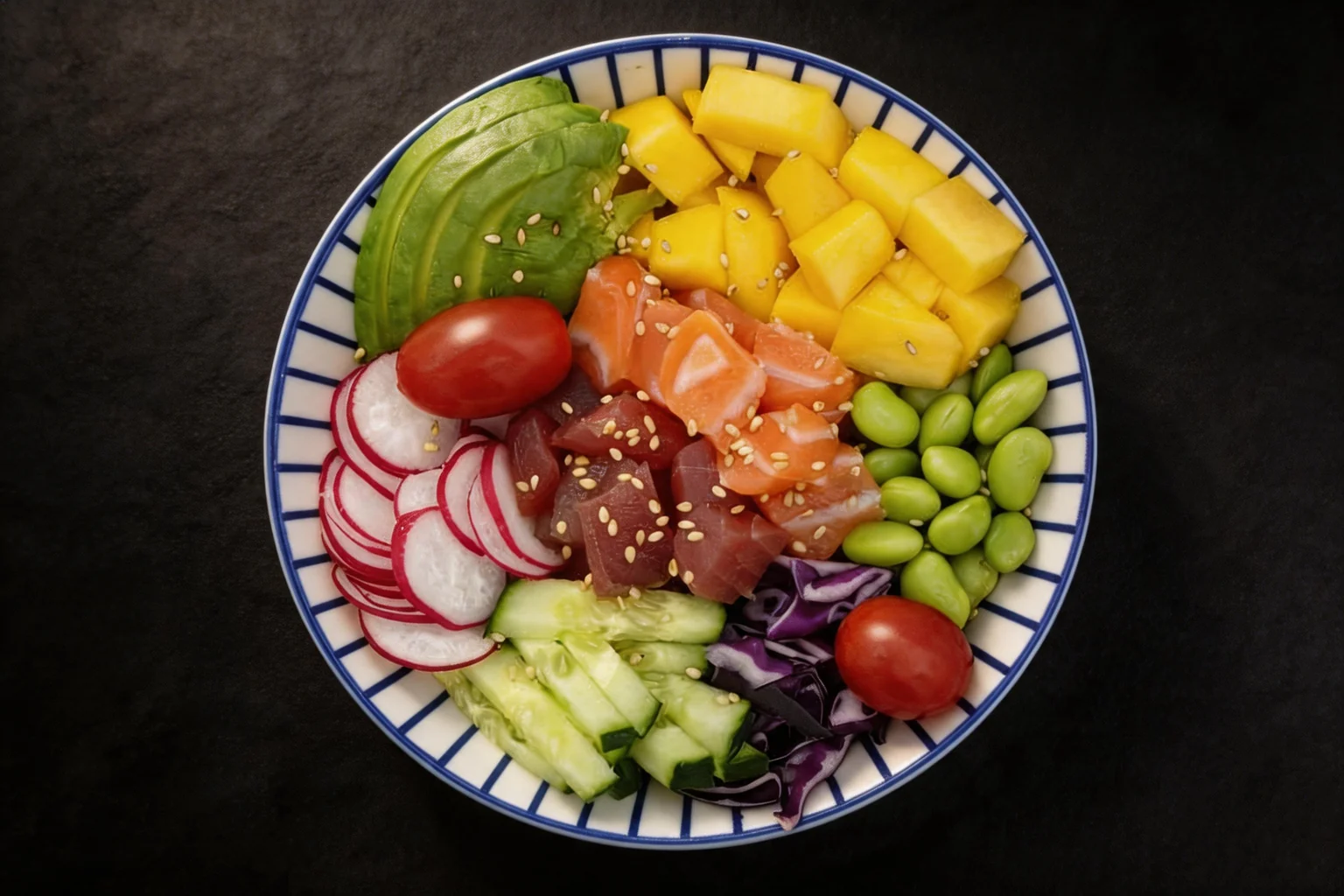 Poké bowl in a bowl with a blue rim, dark background.